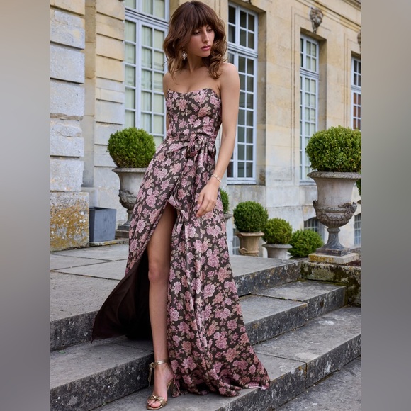 V. Chapman The Cecilia Dress Chocolate Peony Print Size 12 Pink Corset Back NEW - Picture 5 of 7